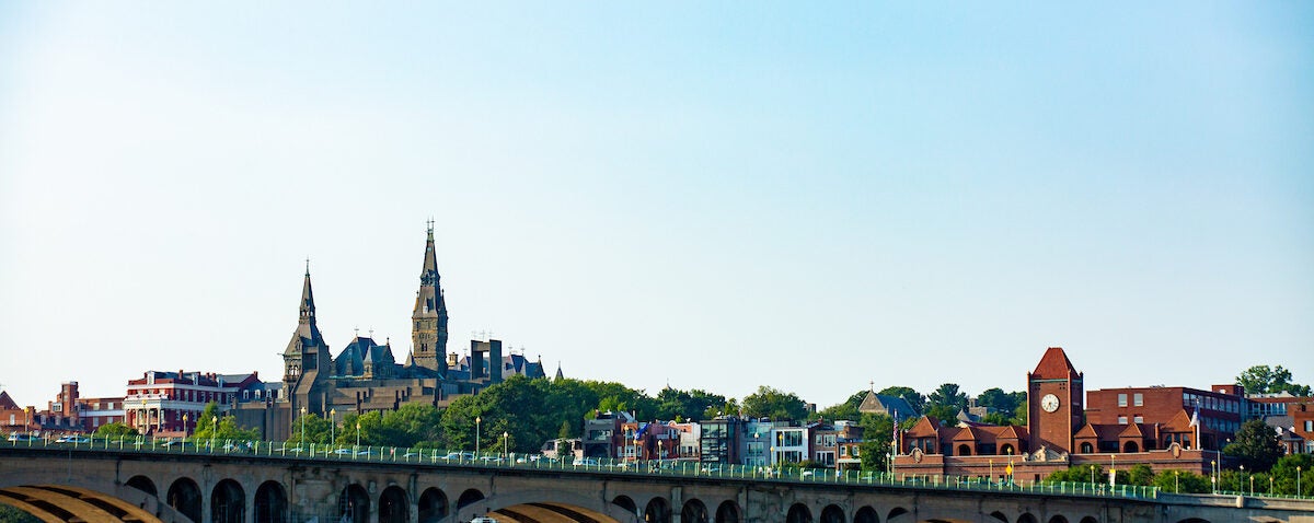 The Georgetown campus skyline, as seen from the opposite bank of the Potomac.